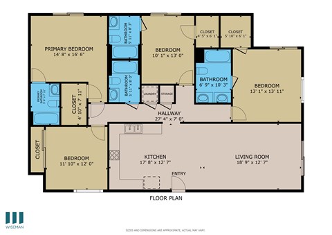 A floor plan of a house with various rooms and their dimensions.